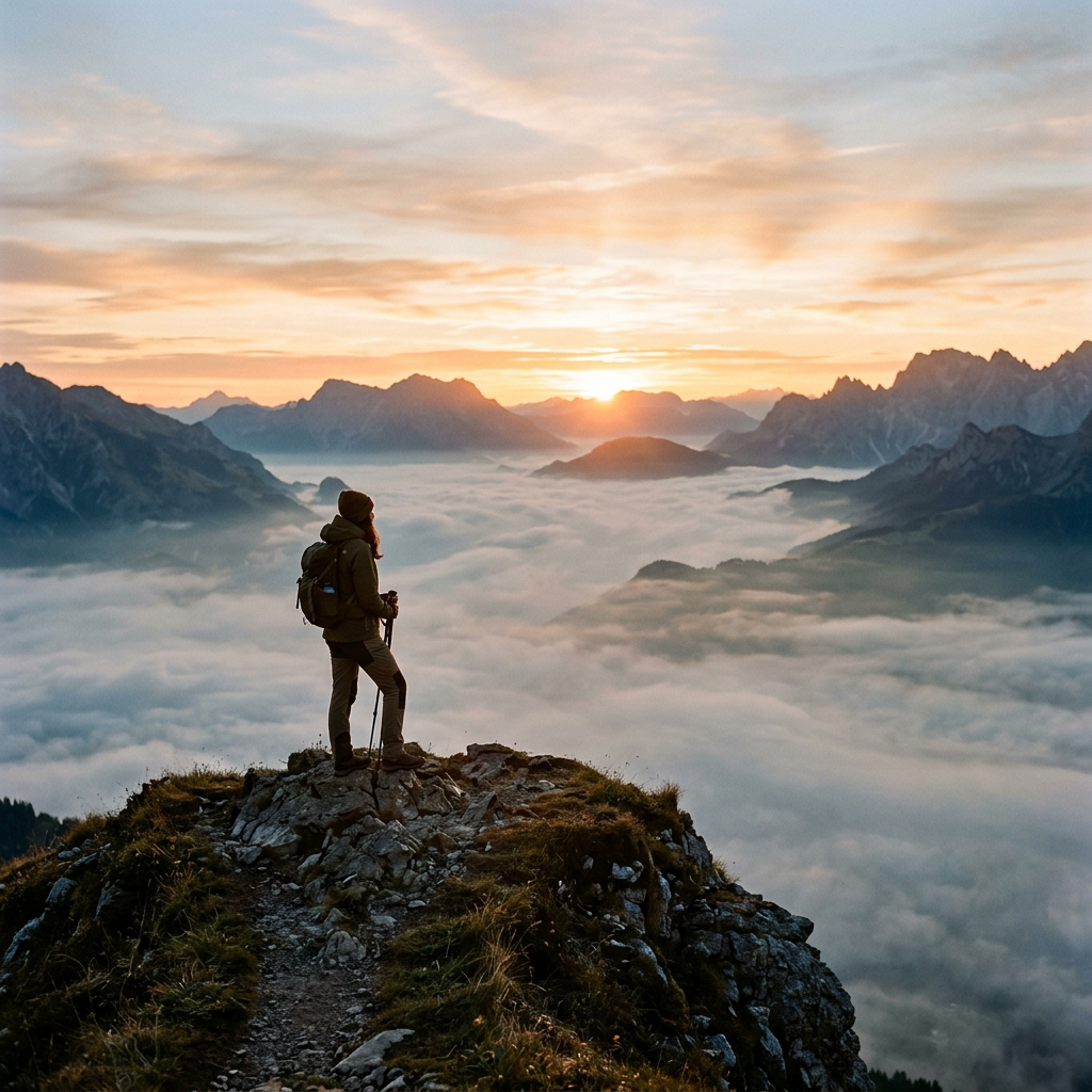 A hiker standing on a rocky peak overlooking cloud-covered valleys and distant mountains at sunrise