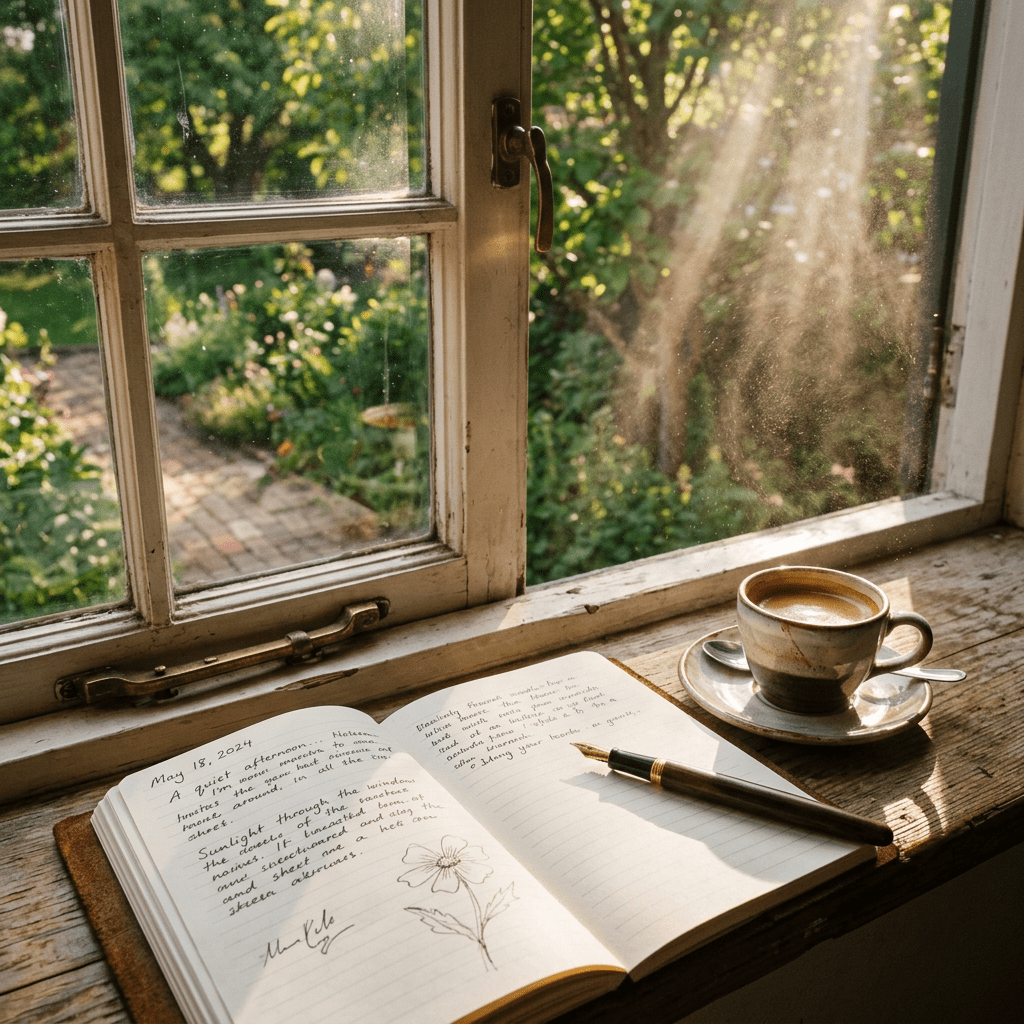 Open journal with handwritten notes and drawing next to a cup of coffee by a window