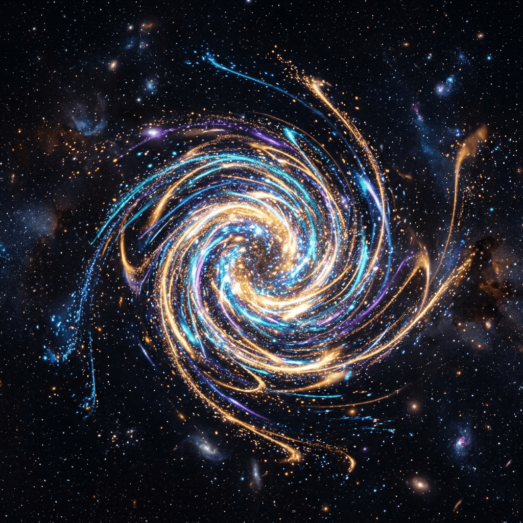 Particles of Possibility-Spiral galaxy emitting vivid blue and gold light surrounded by stars