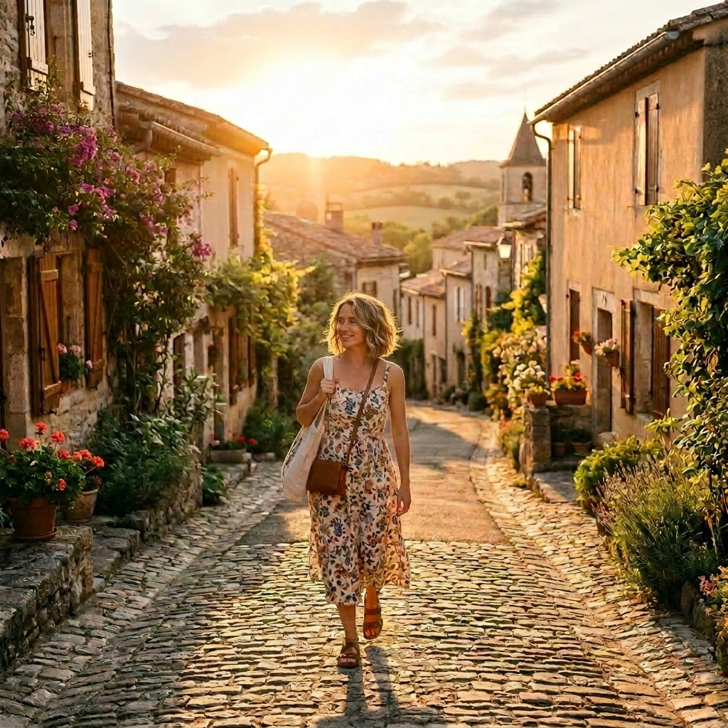 Woman walking on a cobblestone street in a quaint European village during sunset