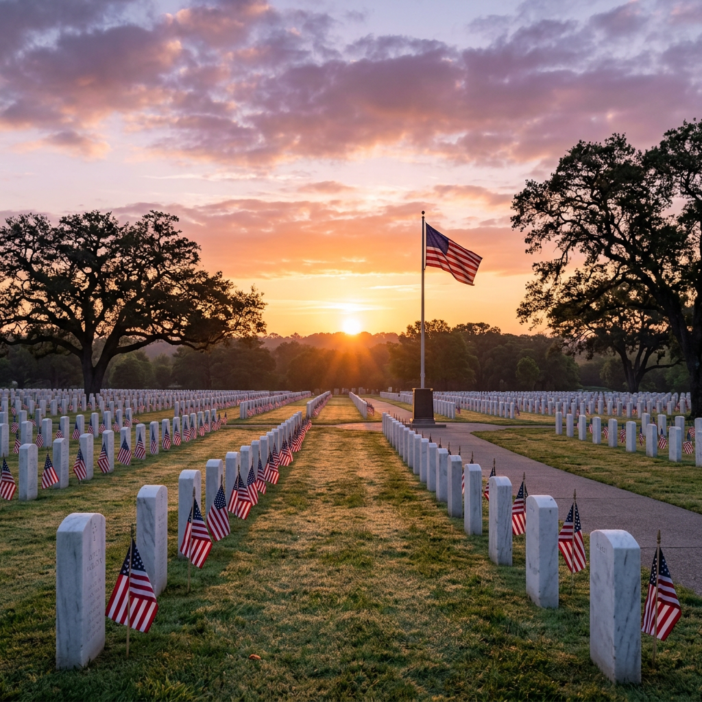 Rows of white gravestones with American flags at sunrise in a military cemetery