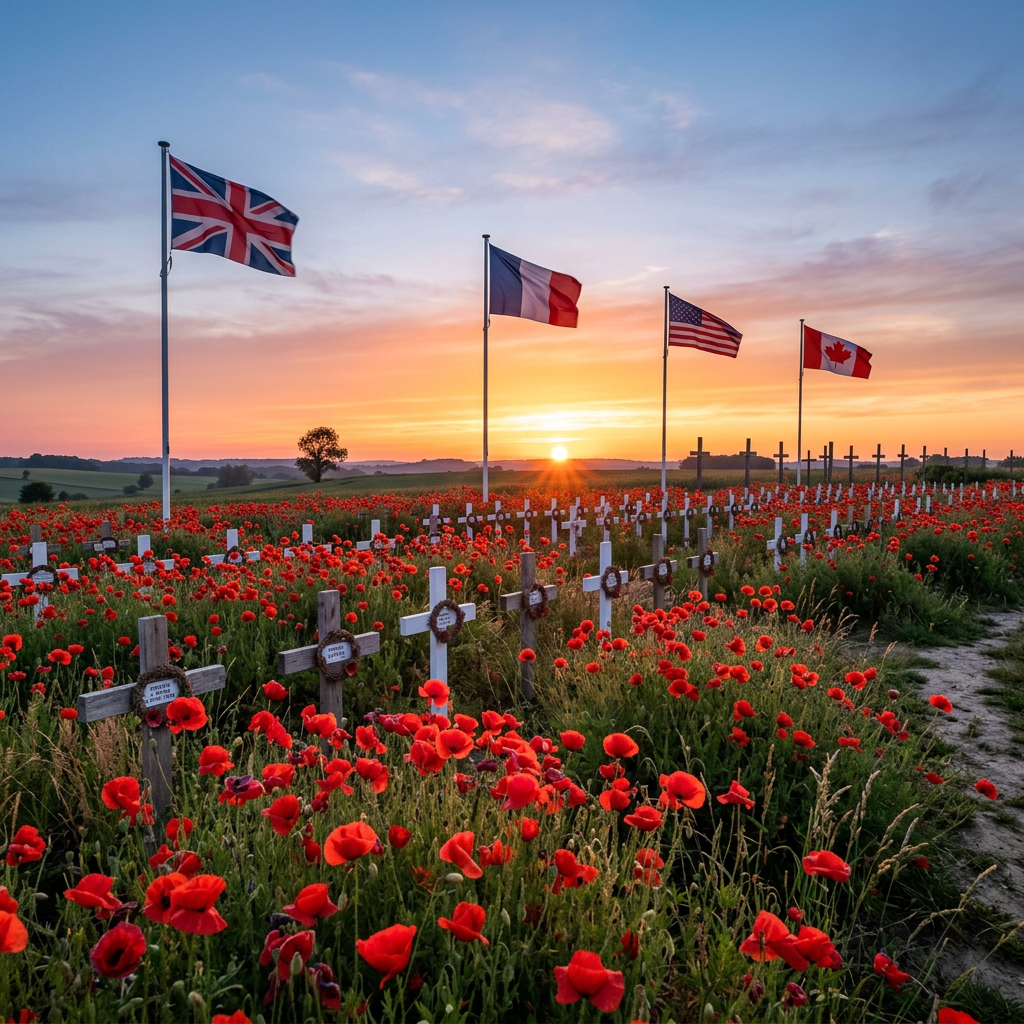 World War I cemetery with crosses, poppies, and flags of UK, France, USA, and Canada at sunrise