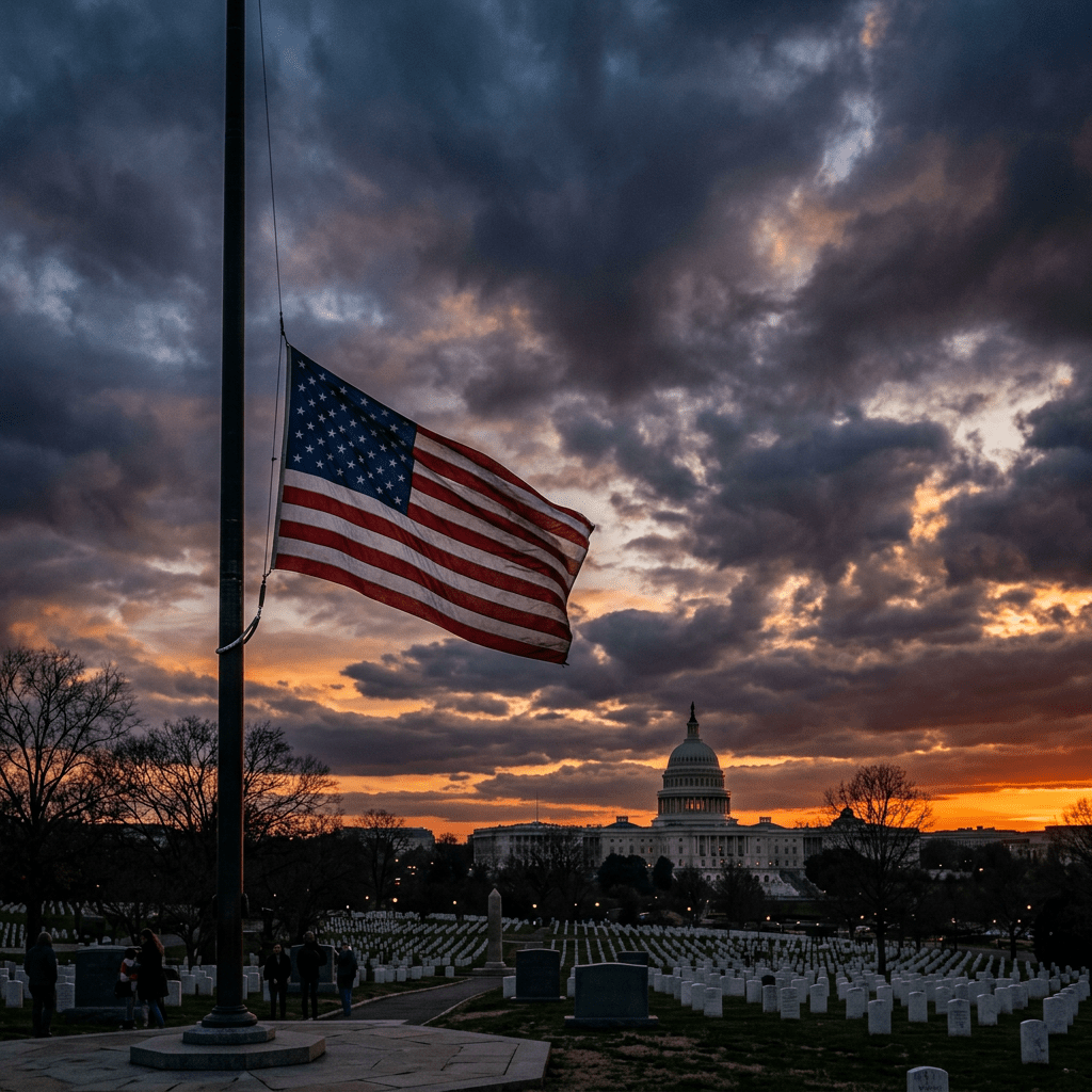 American flag at half-mast above Arlington National Cemetery with U.S. Capitol building and sunset sky