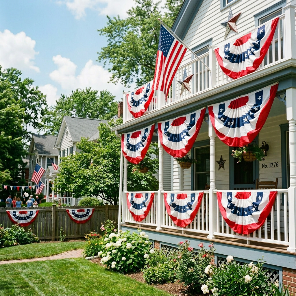 White house porch decorated with red, white, and blue patriotic bunting and American flags