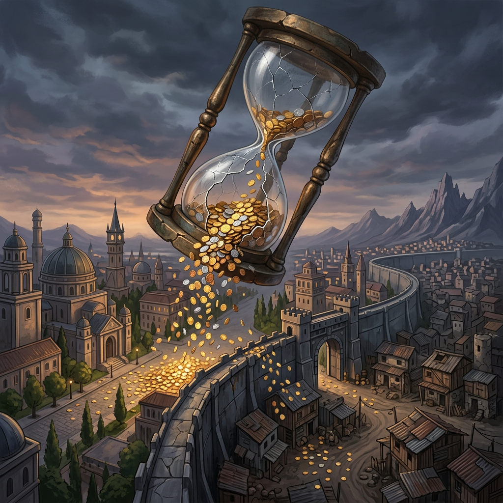A cracked hourglass leaking gold and silver coins over a wall separating two contrasting city areas.