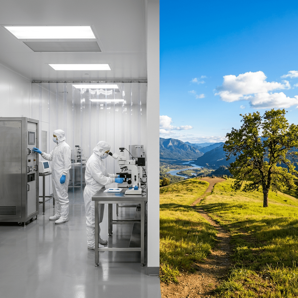 Two scientists in full protective suits working in a sterile laboratory adjacent to a scenic outdoor landscape with a tree, path, and river.