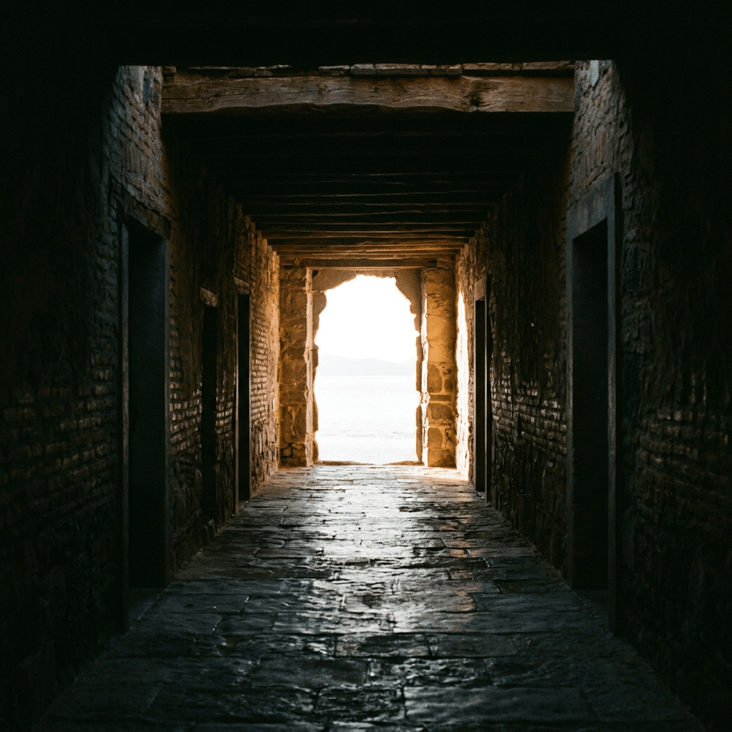 Stone hallway with wooden beams leading to an irregular stone archway opening to the ocean
