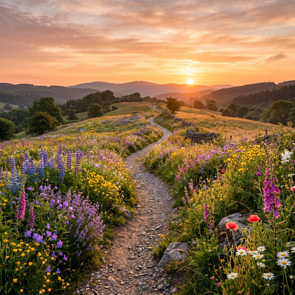 Winding dirt path through vibrant wildflowers with sun setting behind distant hills