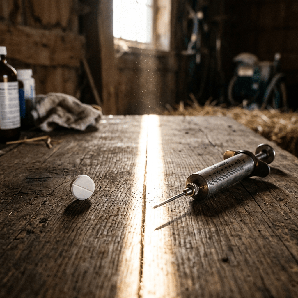 Old metal syringe and white pill on wooden table with blurred background