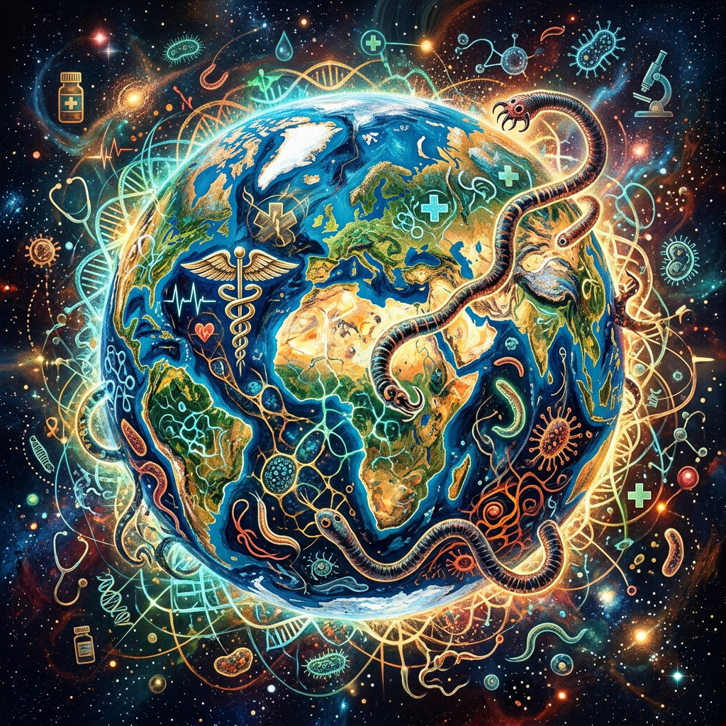 Earth with illustrations of bacteria, viruses, DNA, medical symbols, and scientific instruments around it