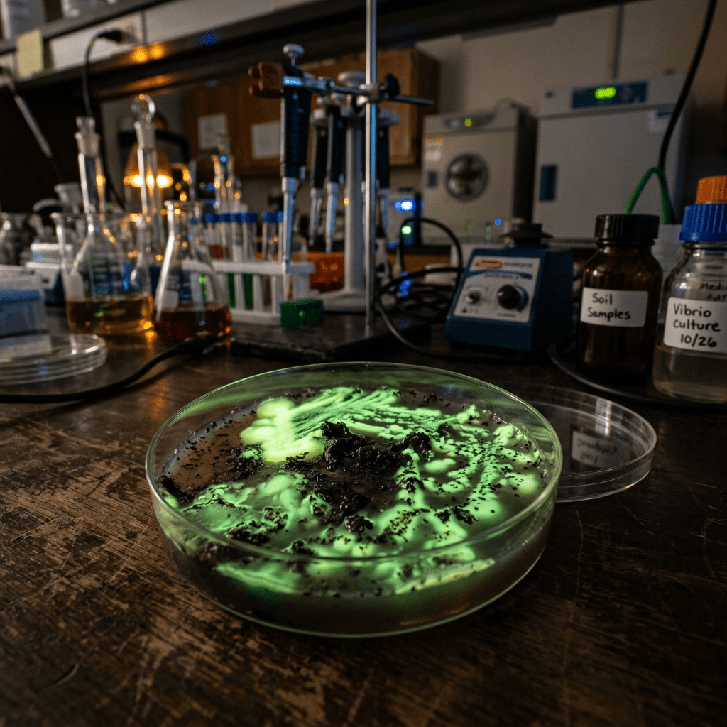 Petri dish containing glowing green bacterial colonies with soil samples in a laboratory