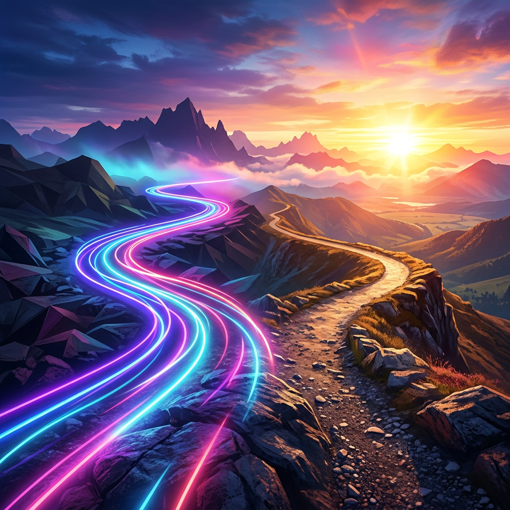 Mountain landscape with a glowing neon path and a natural trail leading into the sunset