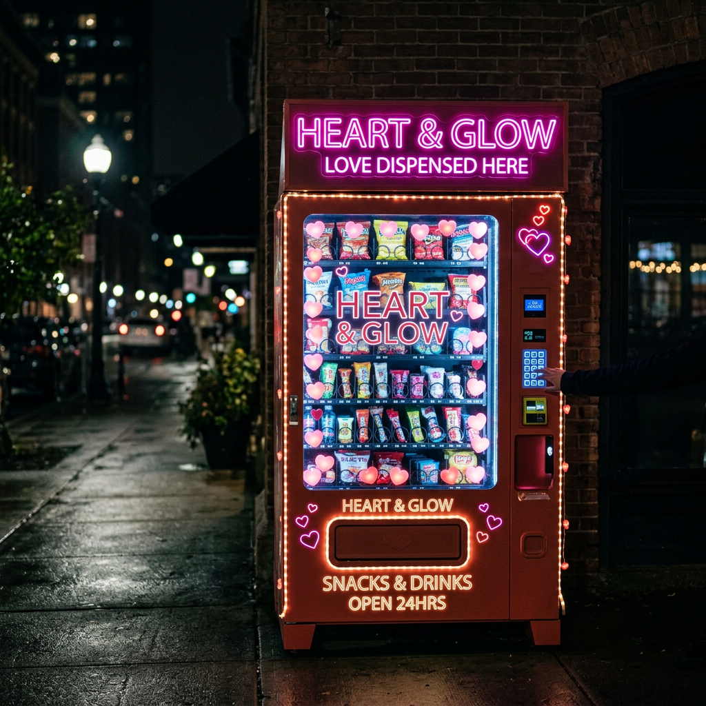 Vending machine with pink neon lights and heart decorations dispensing snacks and drinks