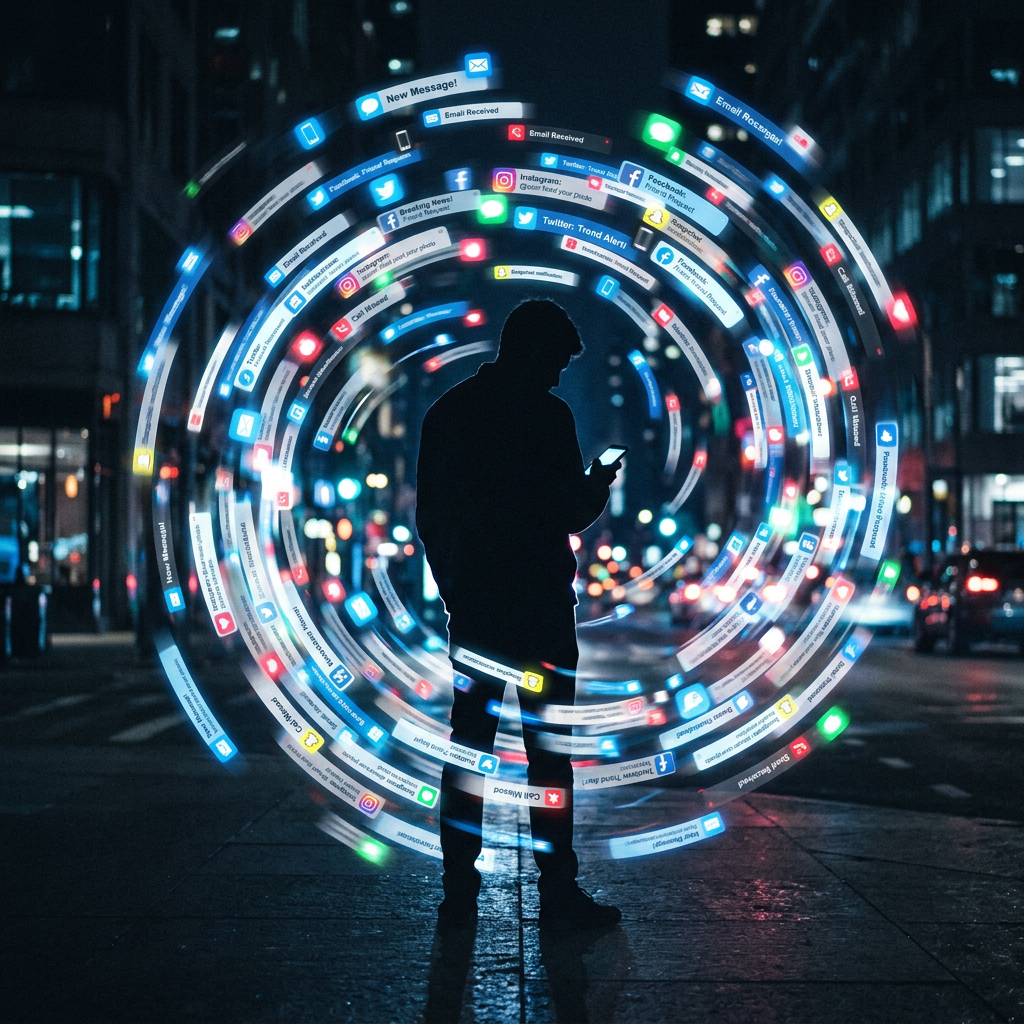 Silhouette of person looking at phone surrounded by swirling digital notifications icons and messages
