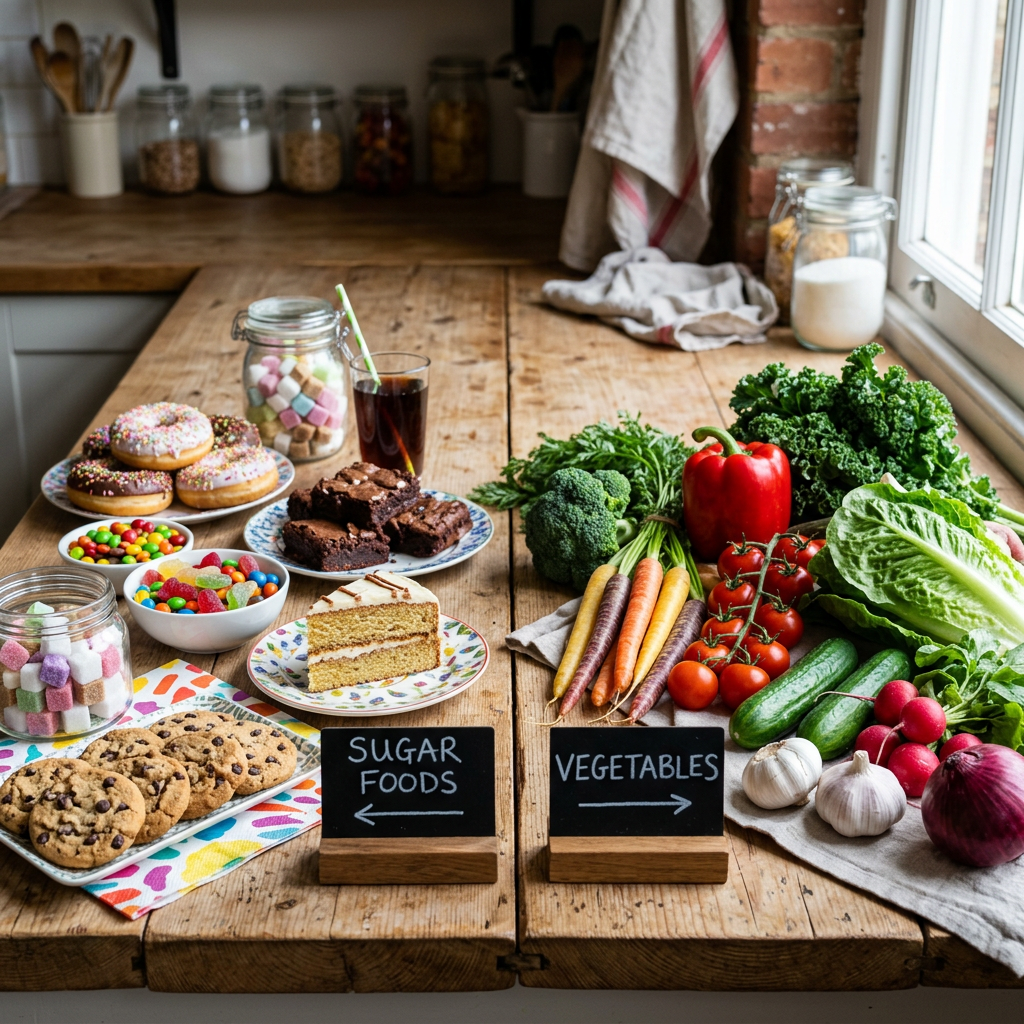 Sugary foods including donuts, brownies, cookies, candy, and a slice of cake on the left; fresh vegetables such as carrots, broccoli, tomatoes, cucumbers, lettuce, garlic, and radishes on the right.