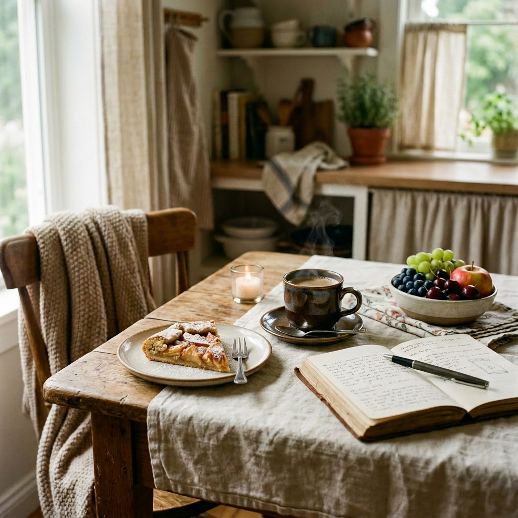 Tea cup, fruit bowl, pie slice on plate with fork, and open journal on wooden kitchen table