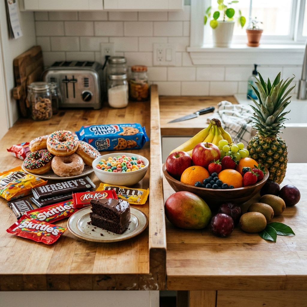 Plate of donuts, chocolate bars, cookies, candy, and bowl of cereal next to a bowl of fresh fruits including bananas, apples, grapes, strawberries, oranges, pineapple, mango, plums, and kiwis