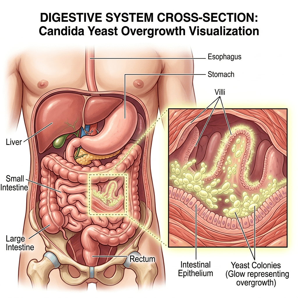Digestive system cross-section with labeled organs and inset showing candida yeast overgrowth on intestinal villi