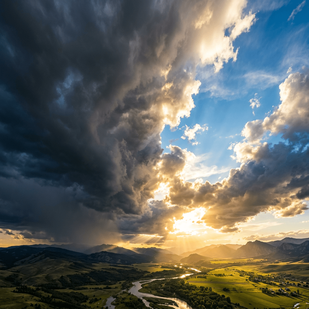 Winding river in green valley beneath sunset sky with dark storm clouds and sun rays