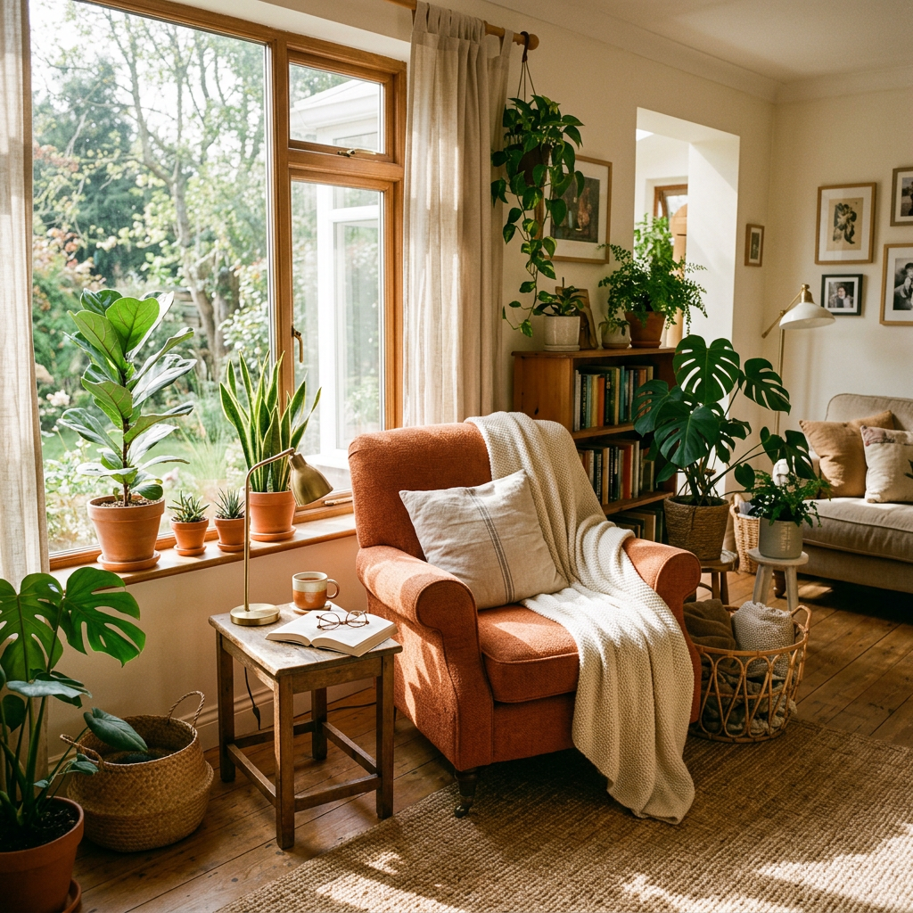 Cozy armchair with blanket and pillow near window with plants, side table with lamp and book