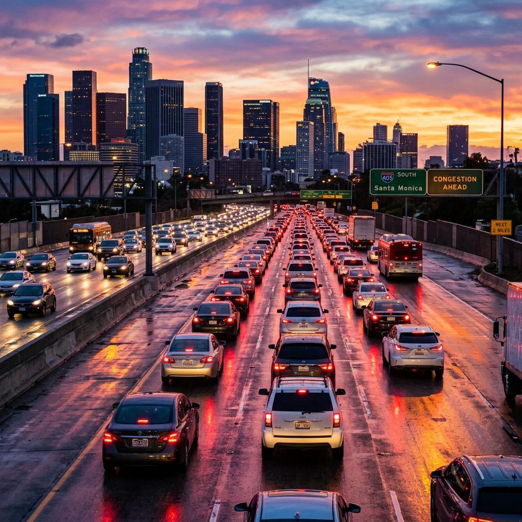 Multiple lanes of traffic with cars and buses congested on wet freeway near city skyline at sunset