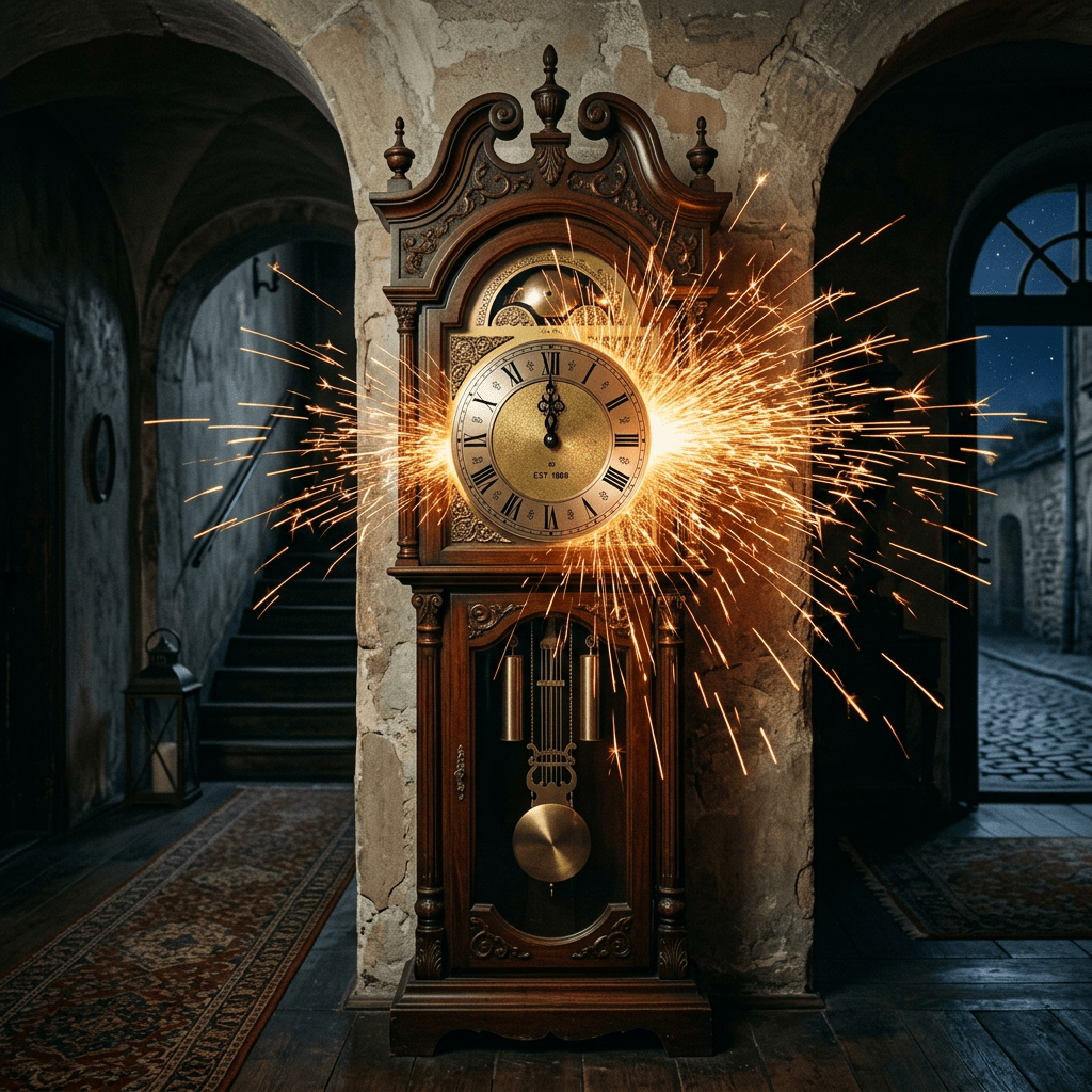 Ornate grandfather clock showing midnight with sparks flying from clock face