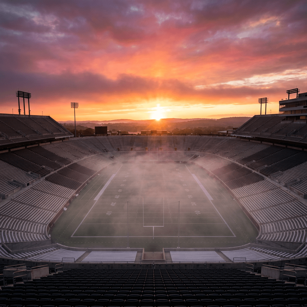 Empty football stadium with fog on the field during a colorful sunrise