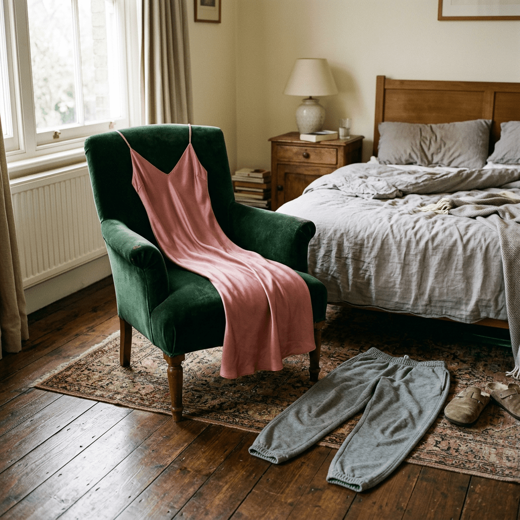 Pink slip dress on green armchair next to gray sweatpants on wooden floor in bedroom