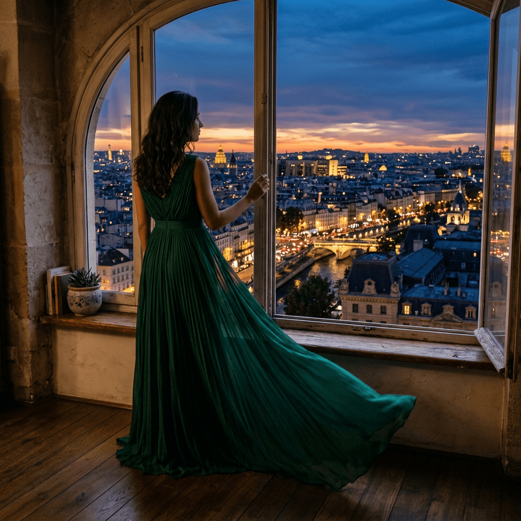 Woman in green dress looking out window at city skyline during sunset