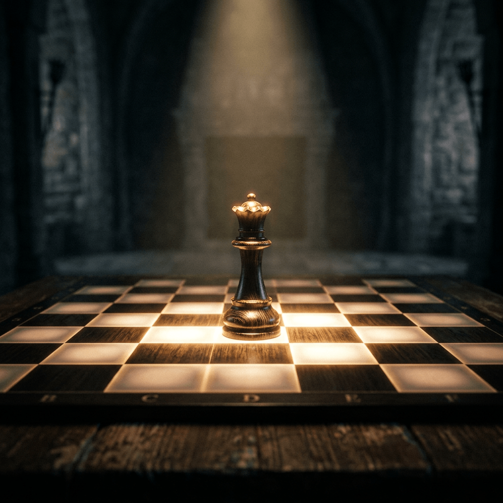 Chess queen piece standing alone on a wooden chessboard with spotlight