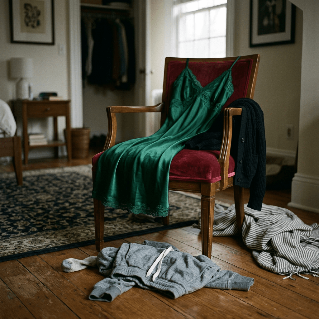Green silk dress on a red velvet chair with casual clothes on the floor