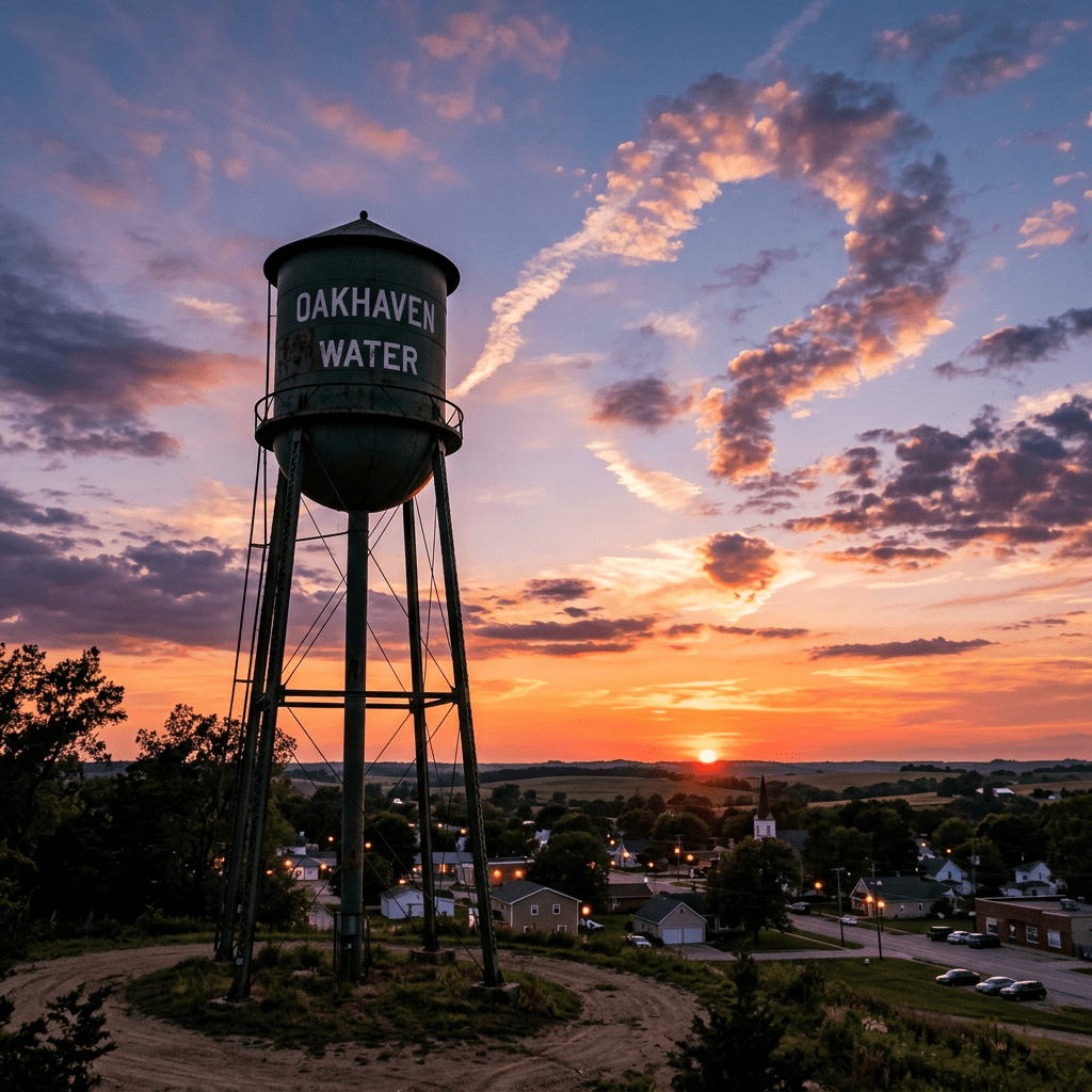 Oakhaven water tower with sunset and town in background