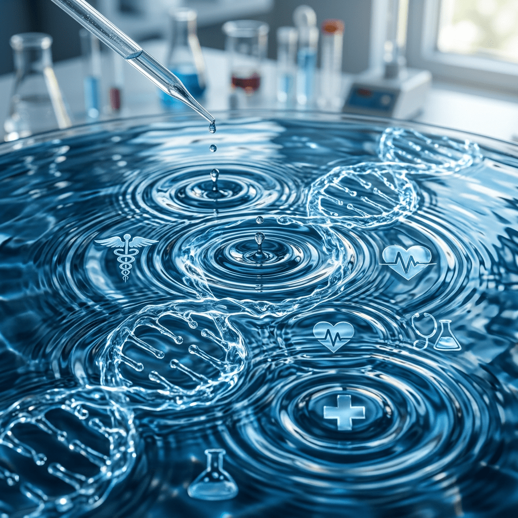 Water surface with DNA helix and medical icons alongside liquid drops from a pipette