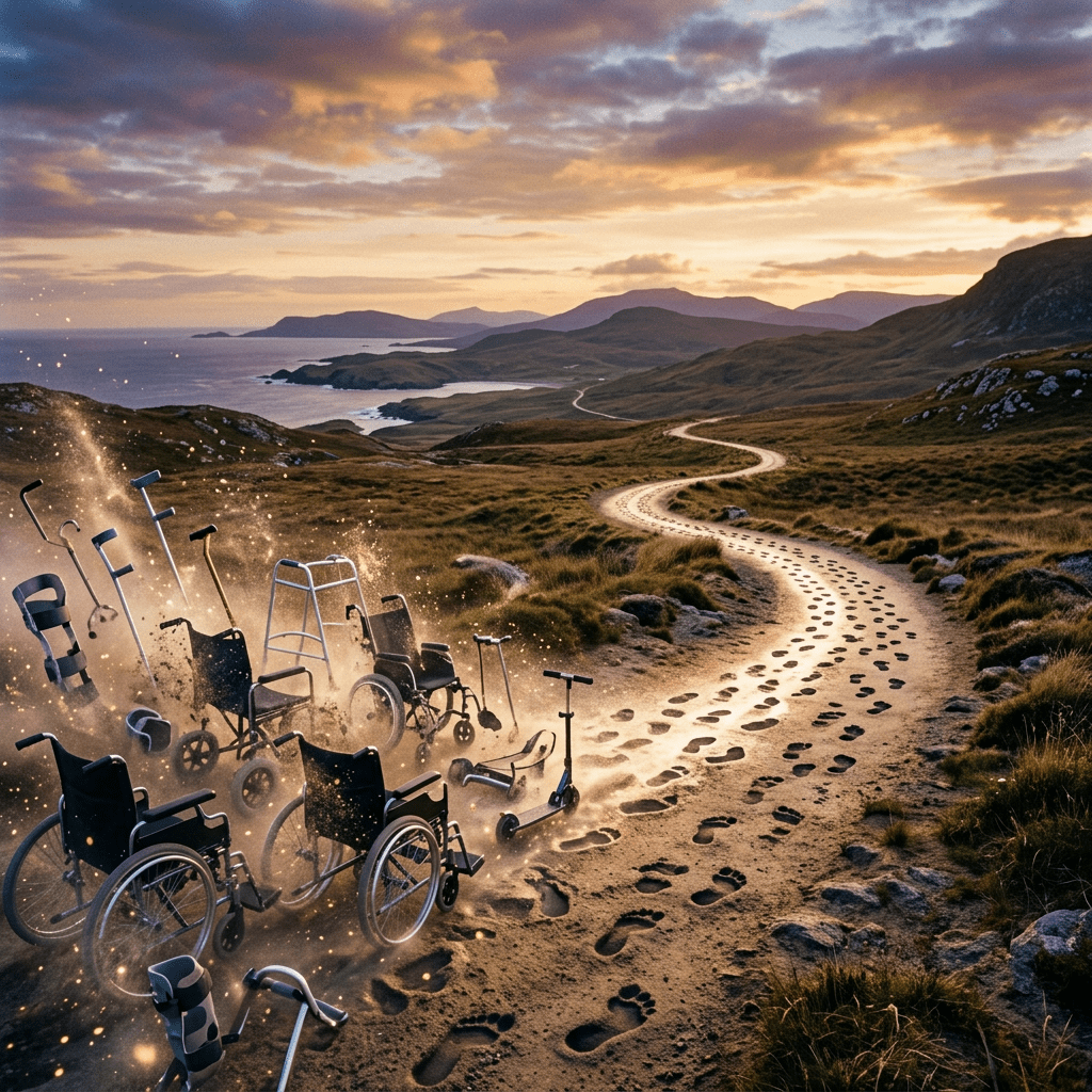 Winding dirt path with footprints, surrounded by discarded mobility aids like wheelchairs and crutches in a scenic landscape at sunset