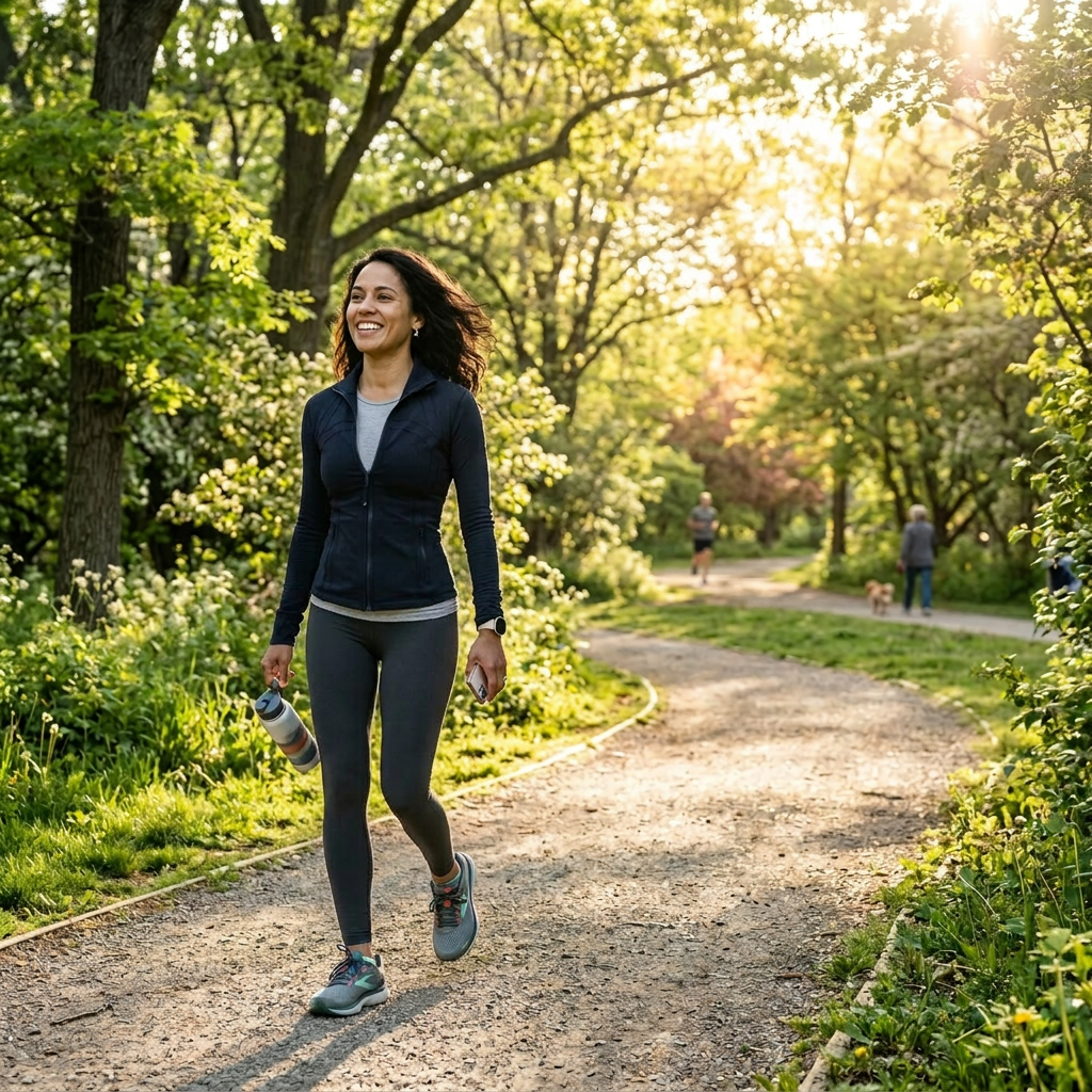 Woman walking along a sunlit park path holding a water bottle