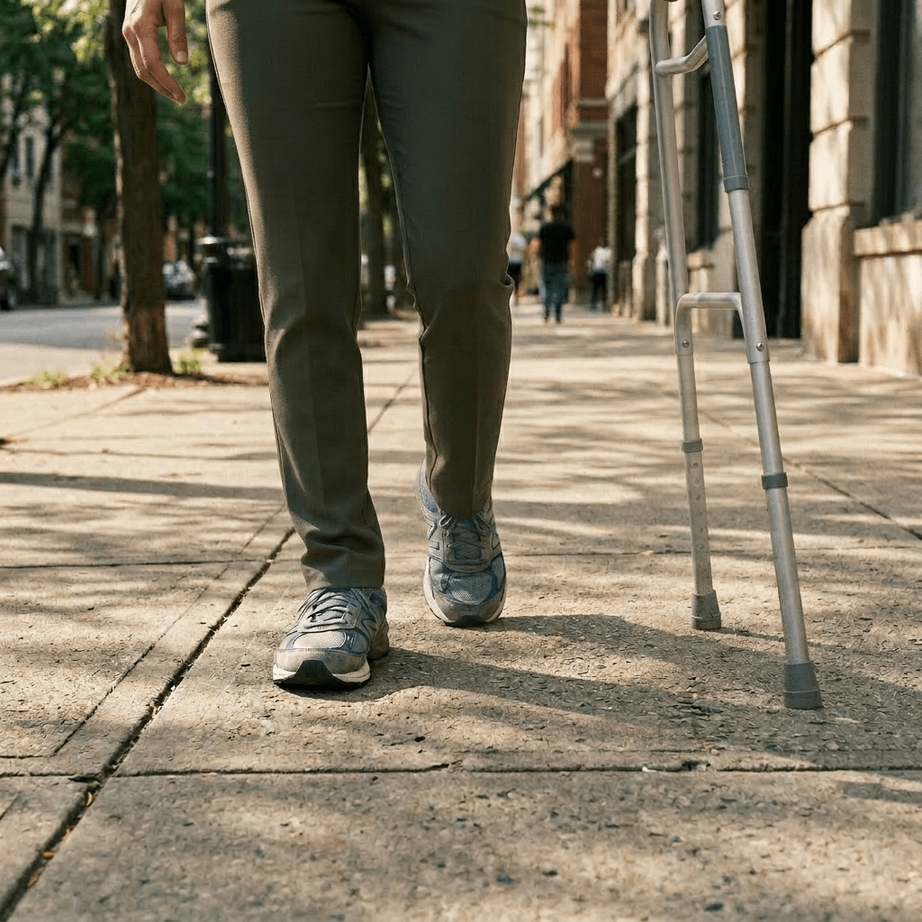 Legs of a person walking on a sidewalk with a crutch