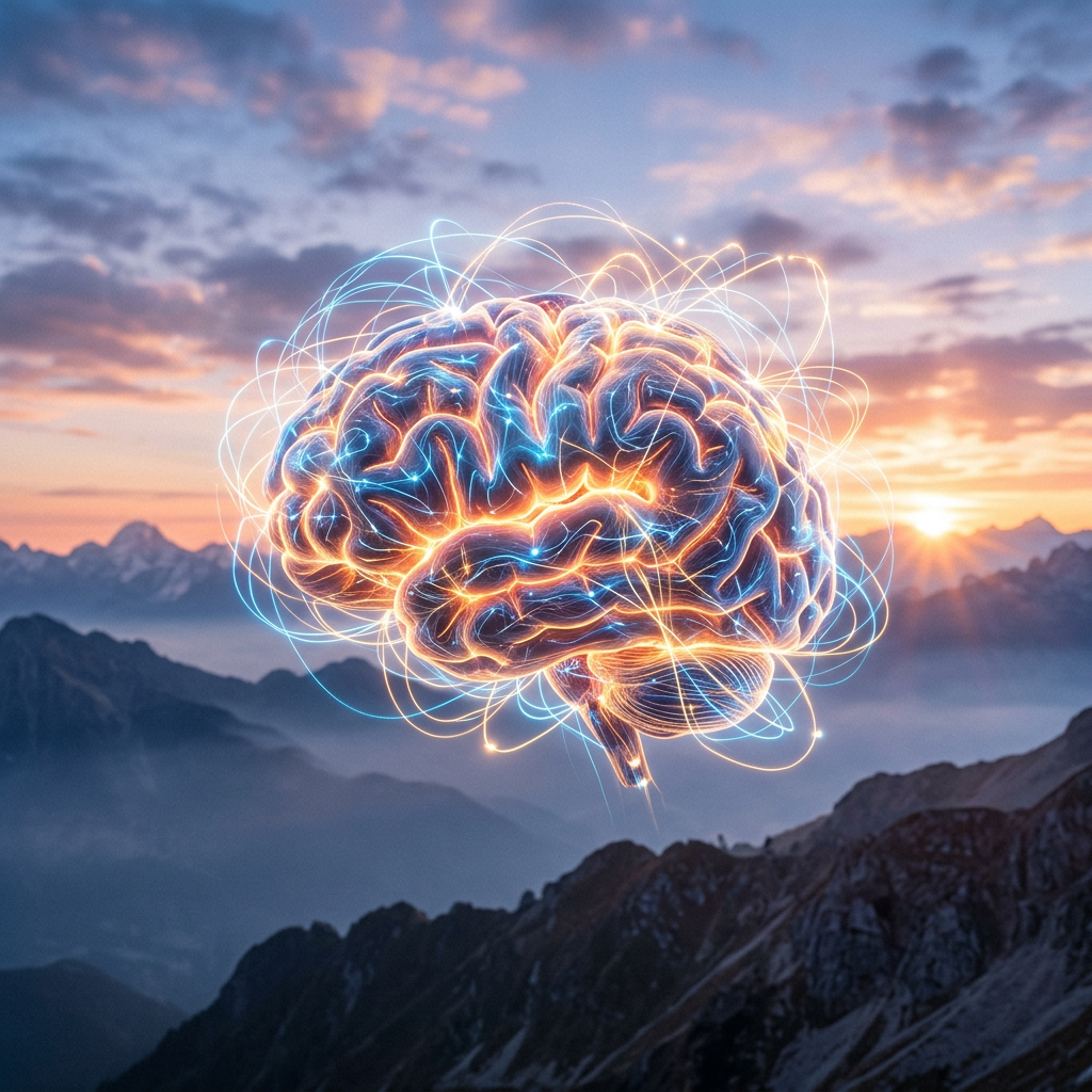 Glowing human brain with blue and orange electric neural pathways above mountains at sunset