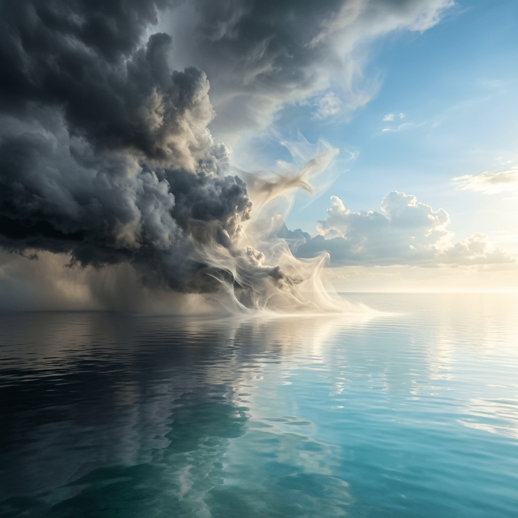 Dark storm clouds over calm ocean water with sunlight breaking through