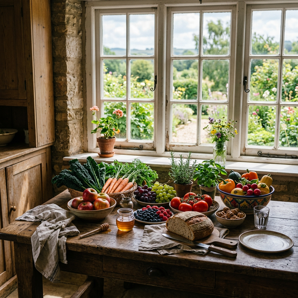 Wooden table with apples, carrots, tomatoes, grapes, berries, bread, herbs, nuts, and honey in a rustic kitchen