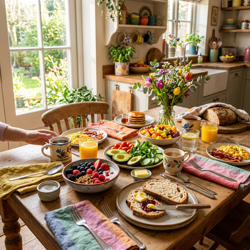 Table with breakfast foods including bread, berries, avocado, eggs, pancakes, juice, coffee, and flower vase
