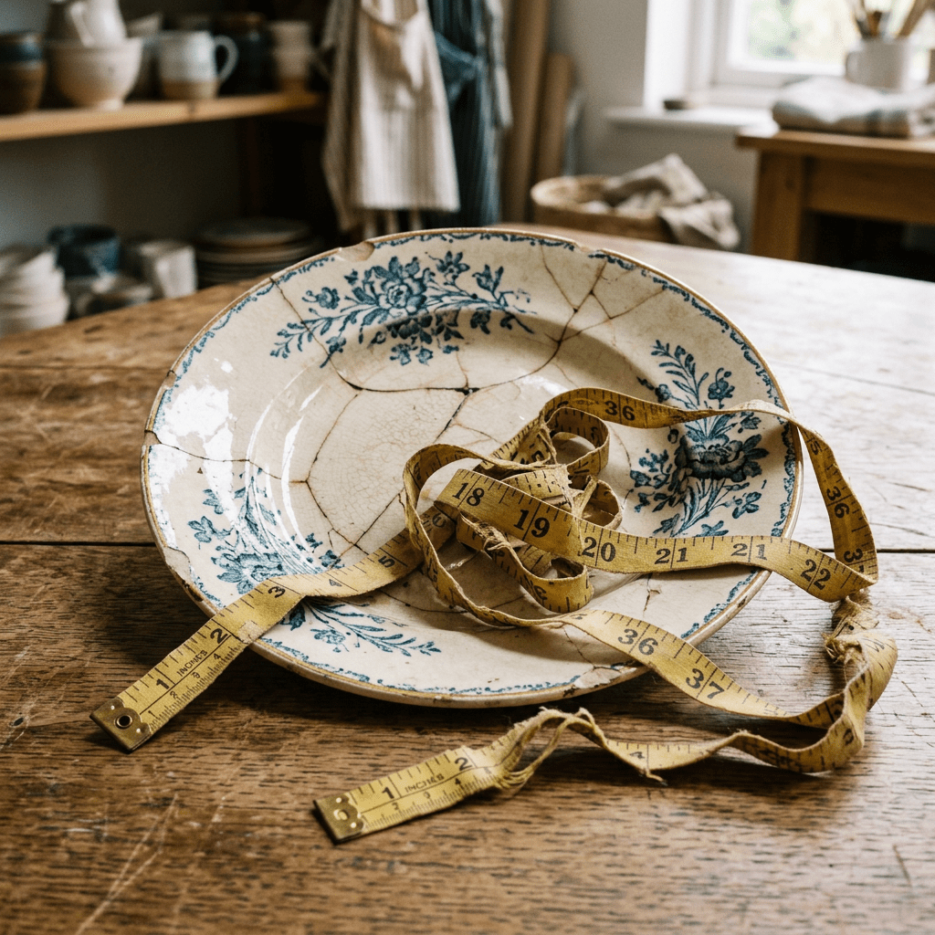 Cracked floral ceramic plate with coiled yellow measuring tape on wooden surface