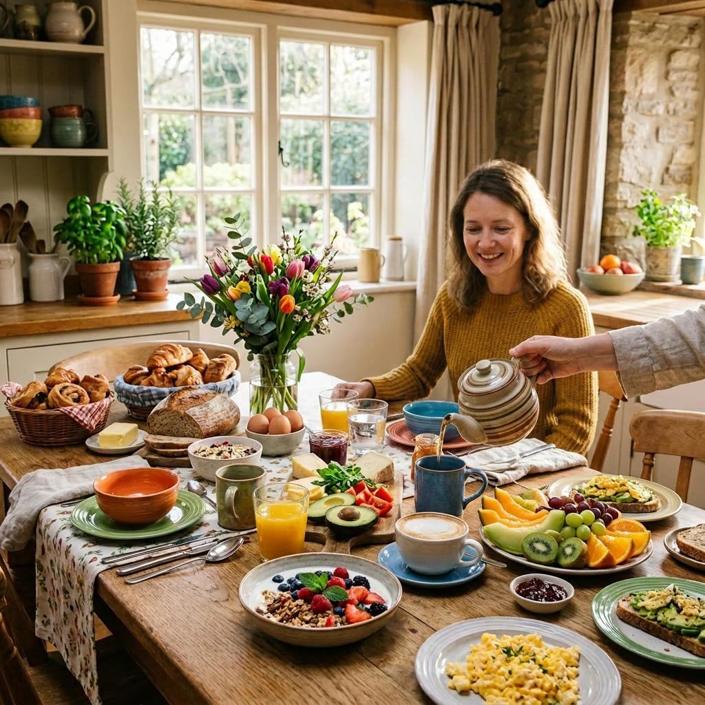 Breakfast table with fresh fruit, pastries, coffee, and people enjoying meal