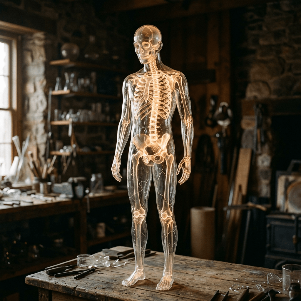 Transparent human figure with glowing skeleton standing on table