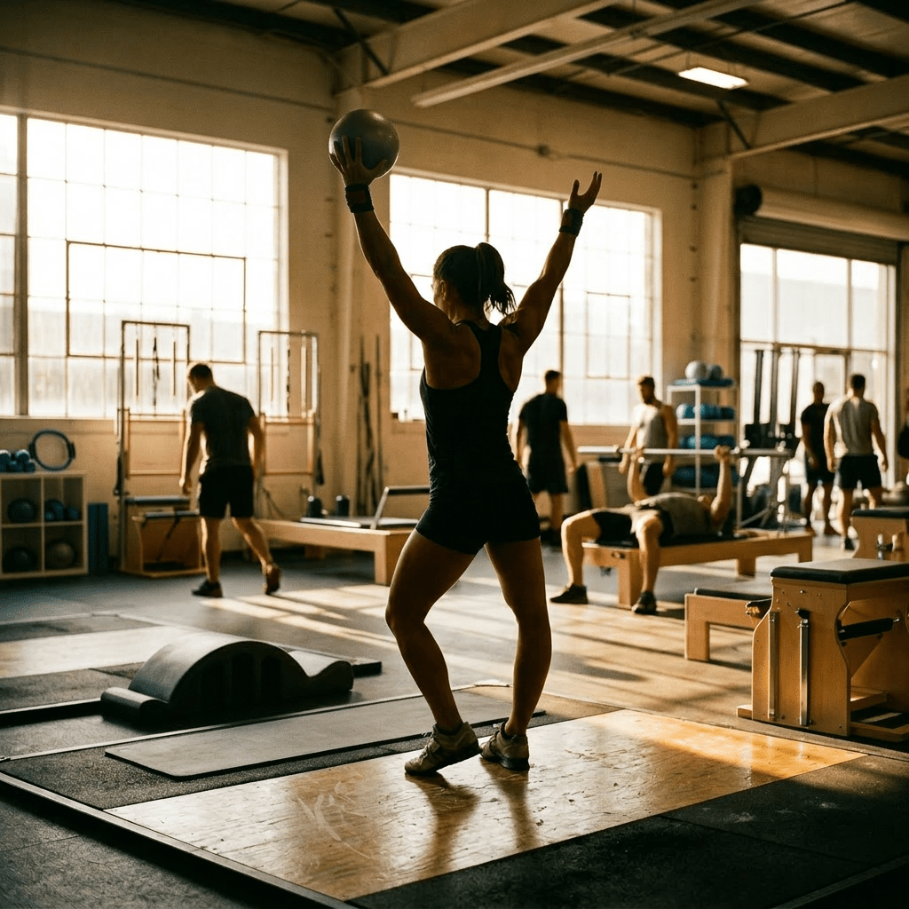 Woman performing overhead barbell lift in gym with others exercising