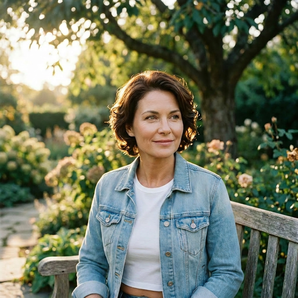 Woman sitting on wooden bench in garden with greenery and flowers.