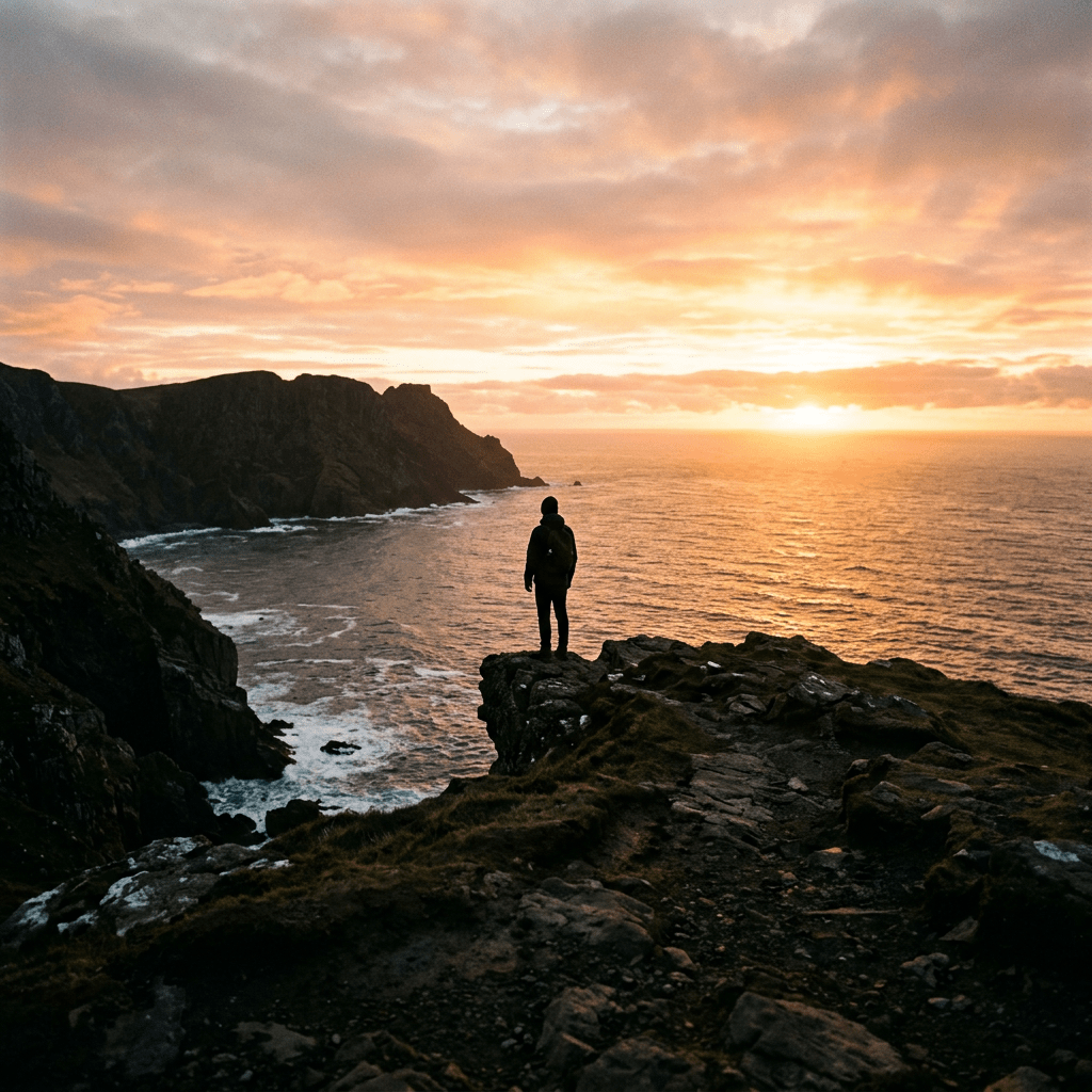 Person standing on rocky cliff overlooking the ocean at sunset
