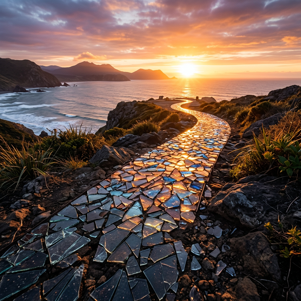 Mosaic stone path curving towards the ocean at sunset with mountains in the background