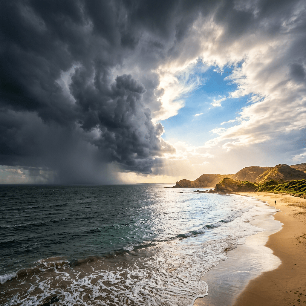 Coastline with dark storm clouds on one side and sunny sky on the other