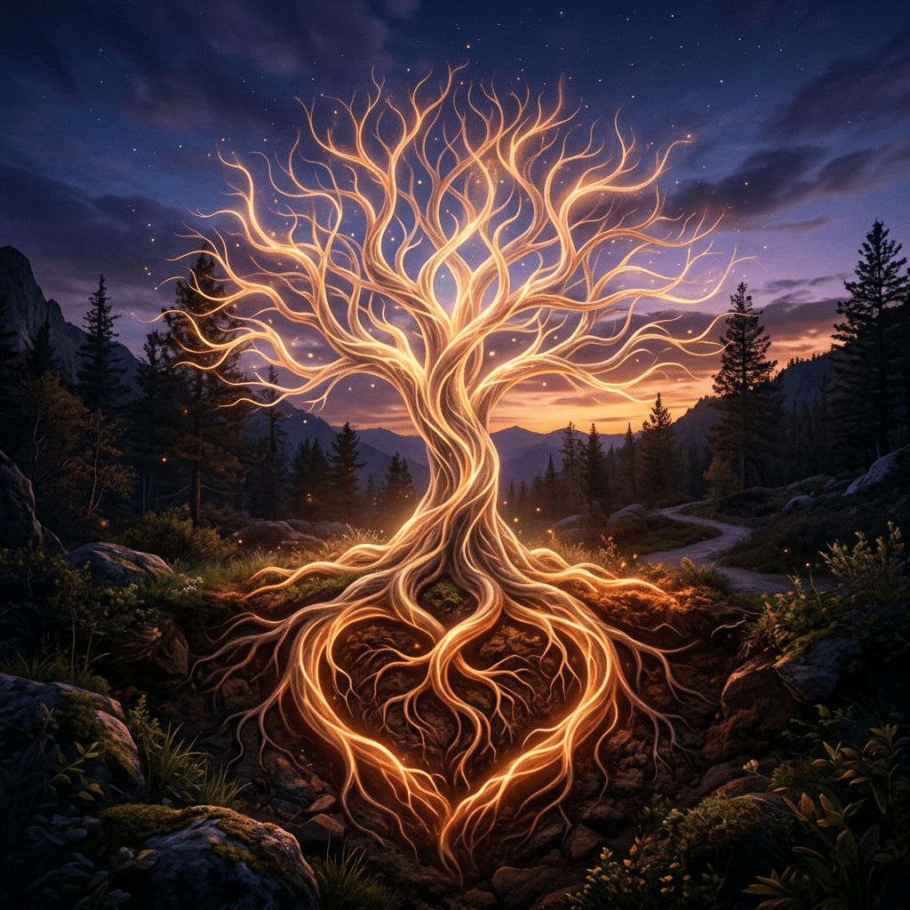 Glowing tree with intertwining branches and heart-shaped roots in a forest at twilight