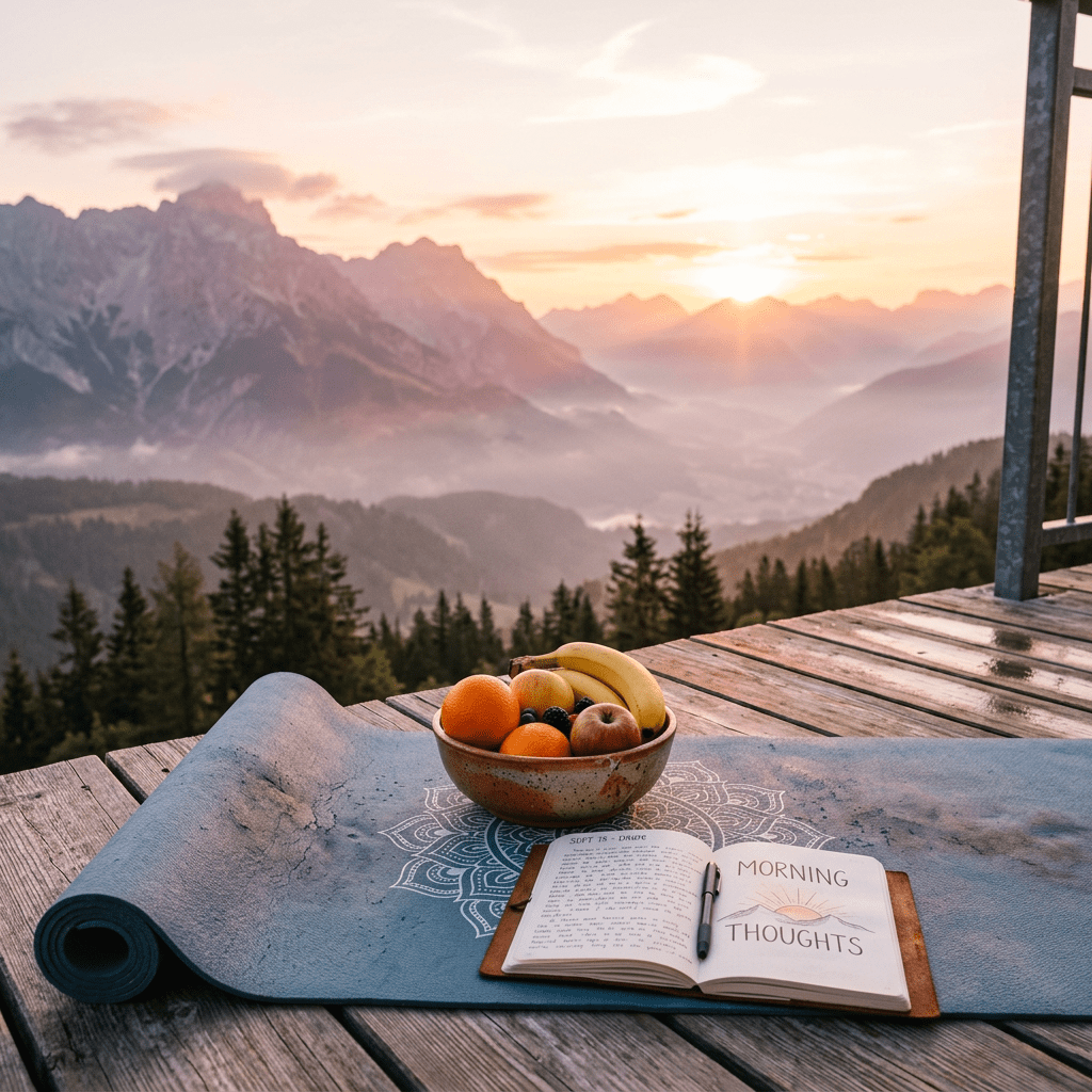 Yoga mat with bowl of fruit and open journal titled 'Morning Thoughts' on a wooden deck at sunrise with mountain view